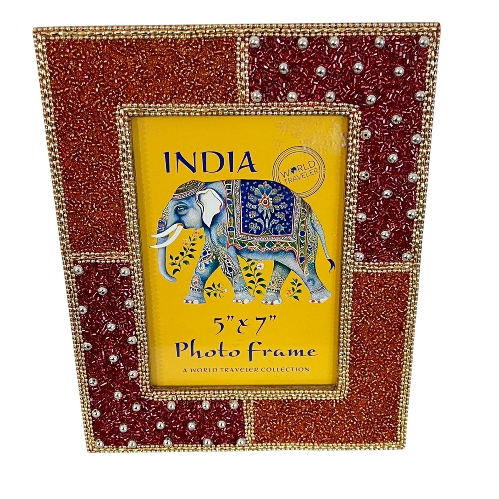World Traveler Beaded Photo Frame Home Decor 5x7 Red Orange Mosaic India Studded